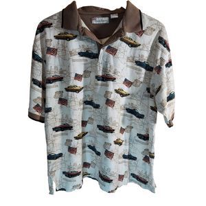 American Summer Clothing Mens XL Classic Cars Rt 66 Patriotic Flag Collar Shirt